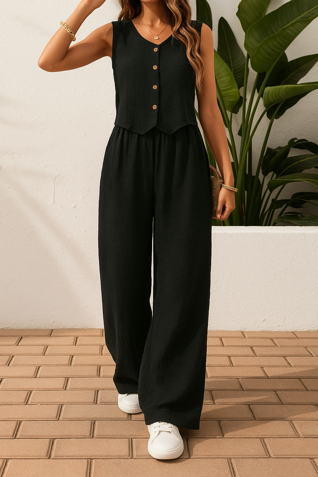 Vivienne | Ärmellose Bluse & Hose mit weitem Bein