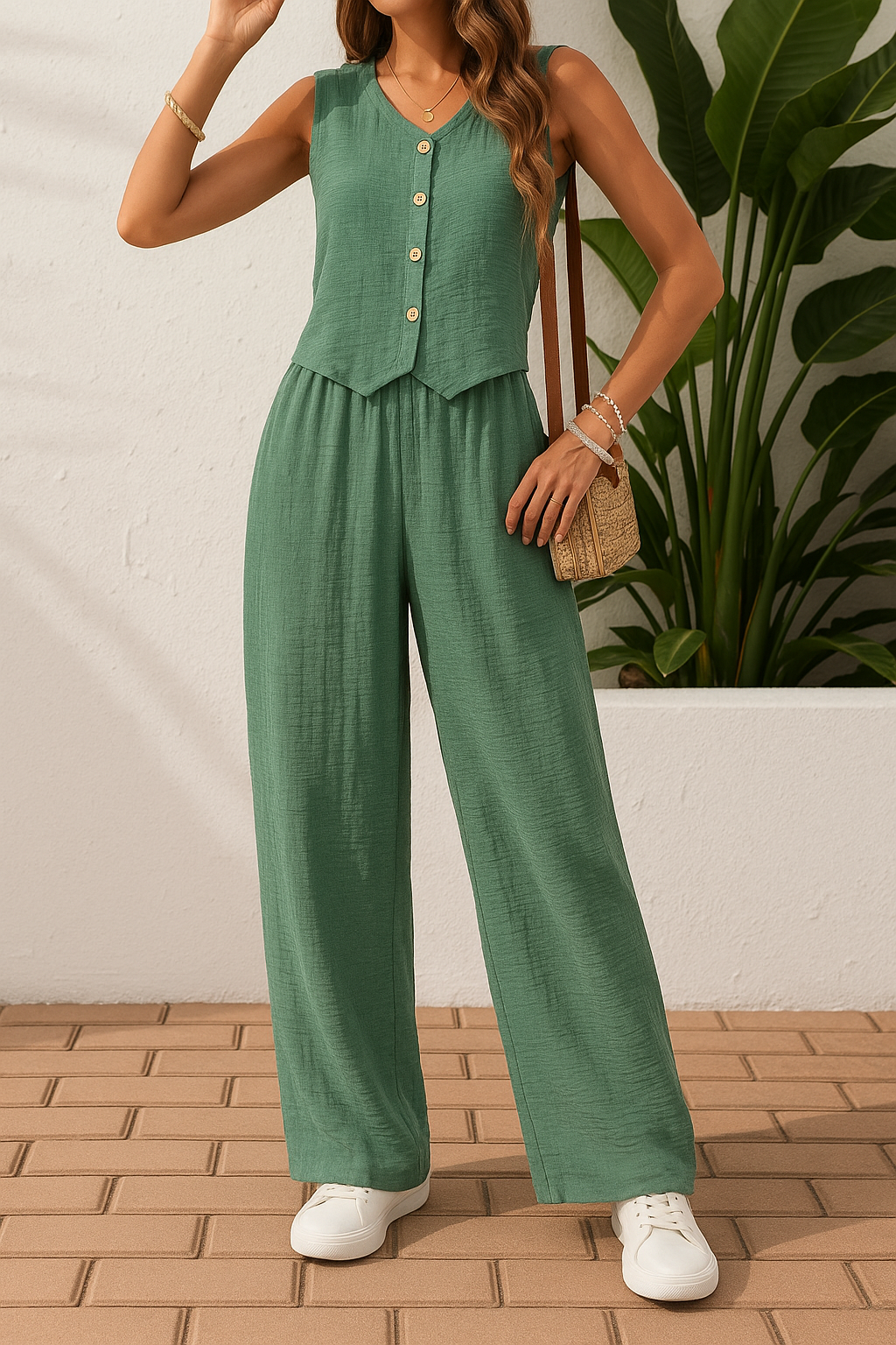 Vivienne | Ärmellose Bluse & Hose mit weitem Bein